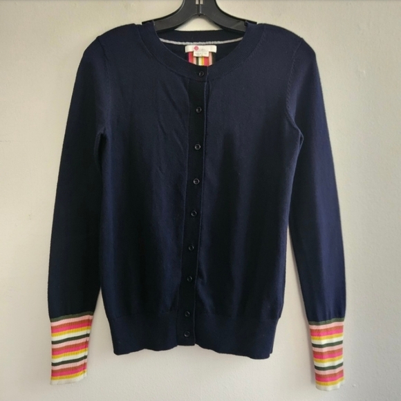 Boden Navy Cardigan with Multicolor Striped Cuffs Women's Size Xsmall - Picture 6 of 14